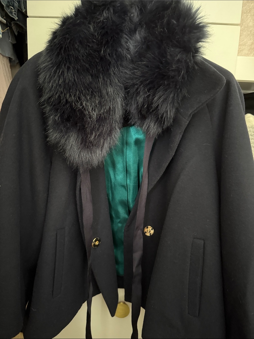 Dark navy Women's Wool Coat with Faux Fur Collar - Elegant Winter Jacket